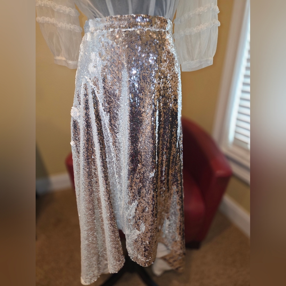 Silver Sequin Assymetrical Skirt By Walk of Shame, Size EU 40 Best Sz Small,NWT